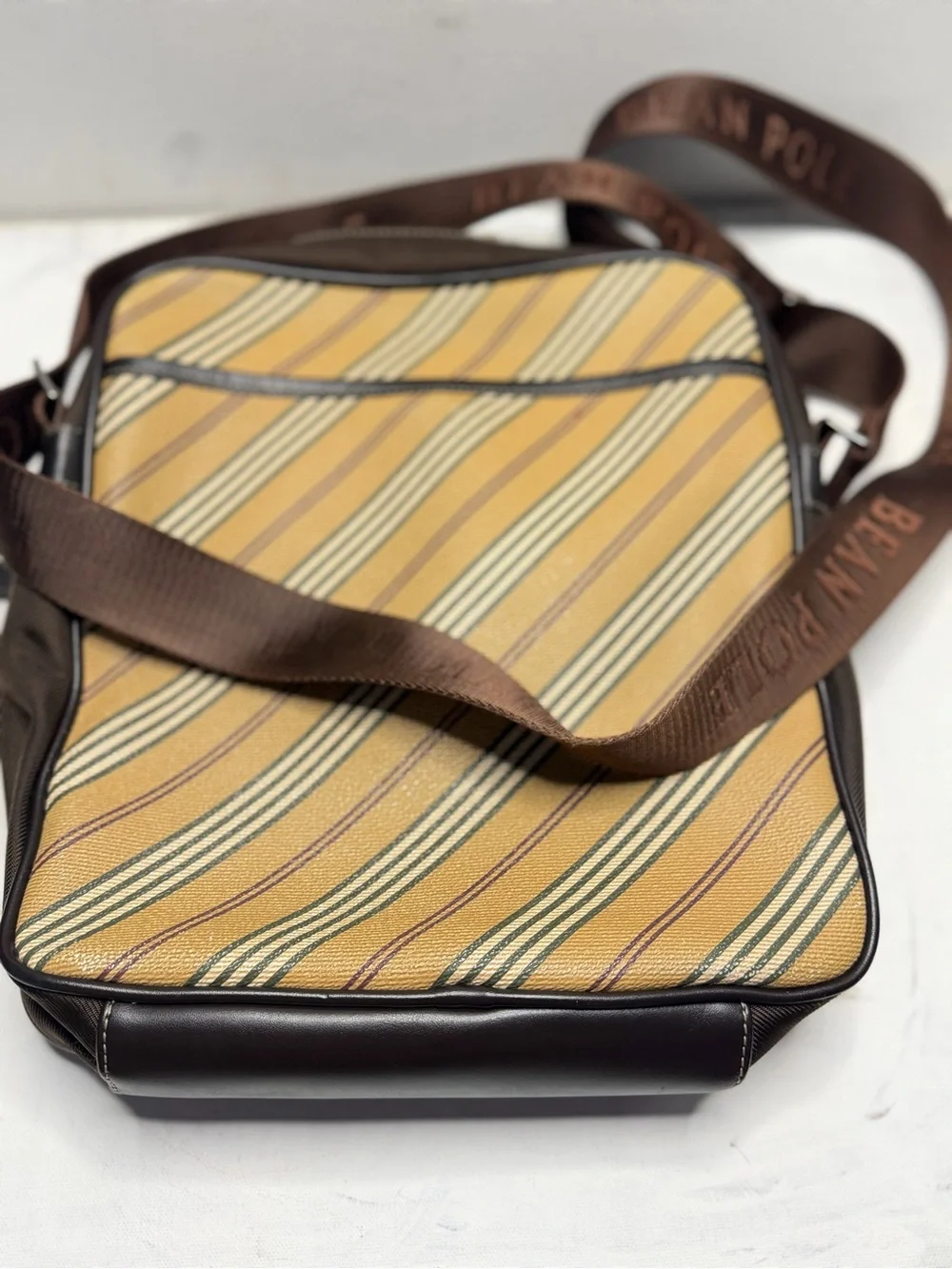 Brown Leather-Trim Striped Crossbody Bag
